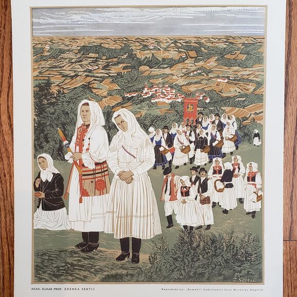 Pilgrims Through Hrvatsko Zagorje ~ Croatian Folk Art Lithograph Zdenka Sertić - Picture 1 of 13